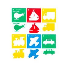 Load image into Gallery viewer, set pf 6 coloured stencils in transport theme
