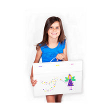 Load image into Gallery viewer, child standing with my artworx a2 size art portfolio in coloured fairy garden design
