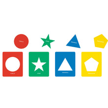 Load image into Gallery viewer, coloured geometric stencil shapes in circle star triangle and pentagon
